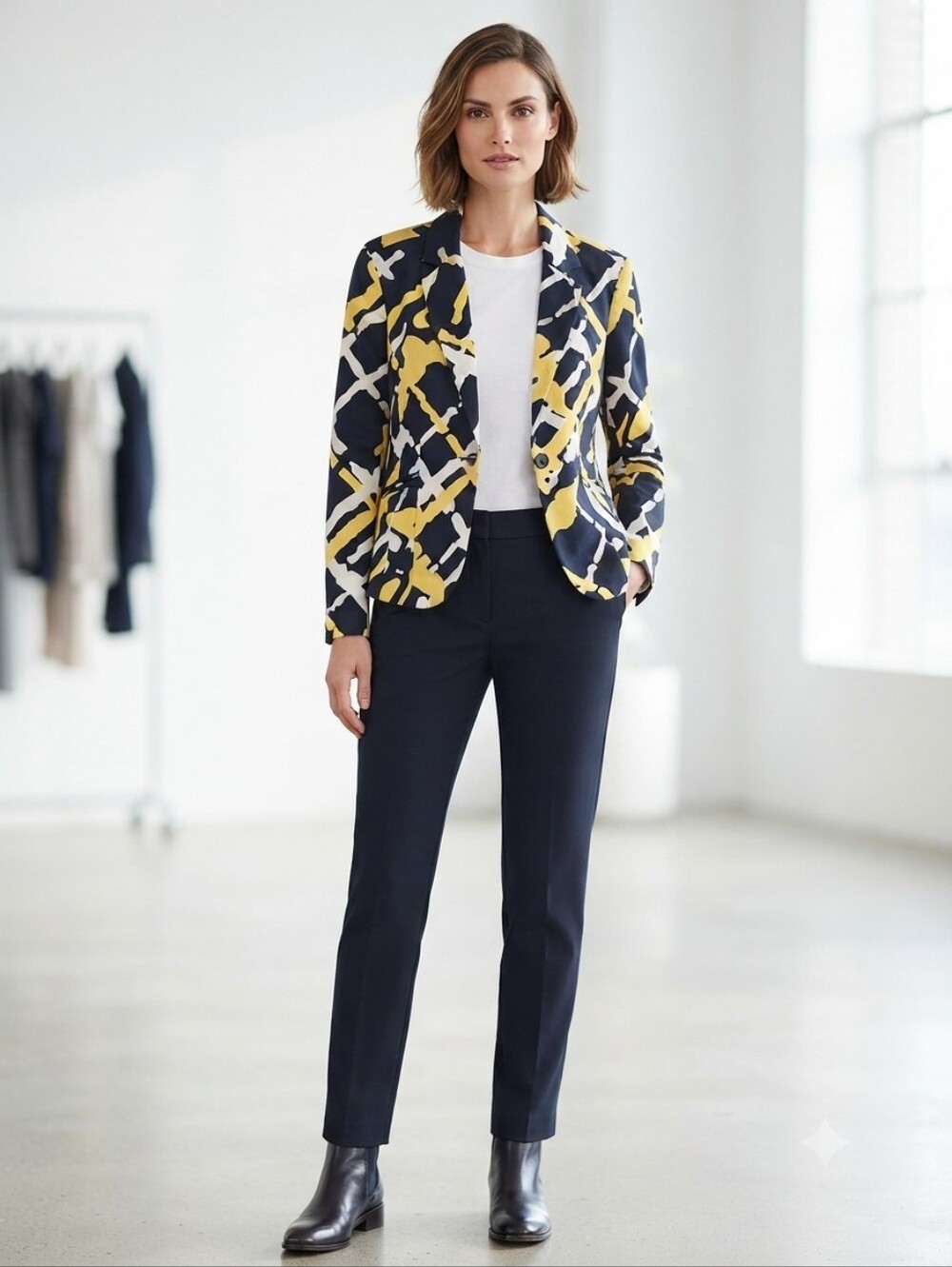 Liz Claiborne Abstract Print Cotton Blazer Size M Navy Yellow White Pockets